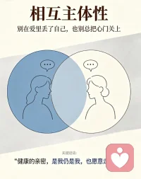 亲密关系：读懂相互主体性
好的感情，本是自我独立与亲密联结的平衡，也就是彼此尊重的相互主体性。
可很多两性关系渐渐走向失衡：有人深陷爱恋后过度依附，慢慢丢掉个人喜好、想法与生活节奏，活成了对方的附属；也有人满心防备，刻意拉开距离，不愿敞开心扉，始终不敢交付信任、走进深度亲密。
还有不少人陷入拉扯内耗，一边无比渴望温暖陪伴，当真的靠近彼此，又本能想要退缩逃离。这种矛盾状态，会不断消耗感情，唯有守住自我边界，又愿意真诚相拥，才能经营出舒服长久的亲密关系。配图