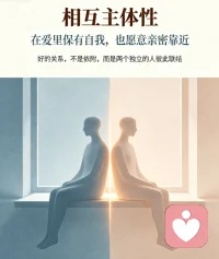 亲密关系：读懂相互主体性
好的感情，本是自我独立与亲密联结的平衡，也就是彼此尊重的相互主体性。
可很多两性关系渐渐走向失衡：有人深陷爱恋后过度依附，慢慢丢掉个人喜好、想法与生活节奏，活成了对方的附属；也有人满心防备，刻意拉开距离，不愿敞开心扉，始终不敢交付信任、走进深度亲密。
还有不少人陷入拉扯内耗，一边无比渴望温暖陪伴，当真的靠近彼此，又本能想要退缩逃离。这种矛盾状态，会不断消耗感情，唯有守住自我边界，又愿意真诚相拥，才能经营出舒服长久的亲密关系。配图
