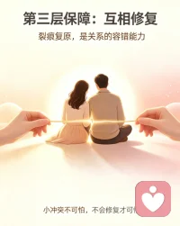 第三层保障：互相修复?裂痕复原
亲密相处从不会一直顺意，彼此修复的能力，就是感情的容错底气。
相处中难免出现沟通错位、情绪失控，让前两层的互动与情绪平衡暂时失守。但只要懂得及时修补、主动和解，关系和安全感就不会动摇。反之，若是失去修复的意识与能力，再微小的矛盾也会化作长久伤痕，不断消耗彼此的相处状态，慢慢打破情绪平衡。配图