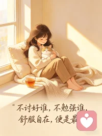 1. 不讨好谁，不勉强谁，舒服自在，便是最好。
​
2. 爱自己是终身浪漫的开始，先取悦自己，再拥抱生活。
​
3. 过往皆为序章，往后只愿：平安、自由、开心。配图