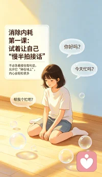 消除内耗第一课：试着让自己“慢半拍接话”，不必急着把每句话都接住，也不必强求自己讨好所有人。有些话，允许它“掉在地上”，你会发现内心轻松很多。配图