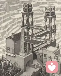 在看的课程里提到了埃舍尔《画手》。
搜索这幅画和画家的其他画作，发现之前玩过的小游戏《纪念碑谷》，正是借鉴了埃舍尔的灵感来源，奇幻视觉与无限递归的梦幻联动感~~~