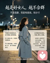 越是好女人，越不合群。
不是她孤僻清高，而是心中有底线、知分寸，不屑应付无效的社交，也不愿卷入是非闲话。
待人真诚心软，却懂得把握距离；内心通透清醒，不爱扎堆八卦，更不愿随波逐流。
太多委屈无处倾诉，万般心事无人共情。如果你心里积攒了压抑的情绪，不妨说给我听，我安静倾听，接住你所有的情绪，替你守住秘密。