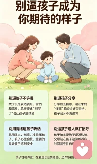 别逼孩子成为你期待的样子
很多父母以为，孩子小，就该早点懂事。可性格最怕的，不是孩子哭，孩子慢，孩子害羞，反而是大人总想把他拽成
自己期待的样子。 状元 
1。别逼孩子不许哭
孩子哭，不是在跟你作对，而是在表达委屈，害怕和需要。总被要求别哭了，孩子慢慢学会的不是坚强，而是把情绪憋回去。
2。别逼孩子分享
分享本来该是自愿的，不是讨好别人的表演。逼出来的懂事，很容易变成讨好型性格，孩子会慢慢分不清自己的边界。
3。别用情绪逼孩子听话
总拿发火，指责，冷脸去压孩子，孩子表面也许听了，心里却会越来越慌。比快点听话更重要的，是让孩子在你的情绪里感到安全。
4。别逼孩子逢人就打招呼
孩子怕生，慢热，不是没礼貌。陌生场合里，父母愿意站在孩子这边，给他一点适应时间，其实是在替他守住自尊。孩子性格养成最重要的，从来不是听不听话，而是他能不能在爱里，慢慢长出情绪感，边界感和安全感。配图