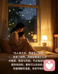 为人母之后，情绪多了软肋，也多了铠甲。深夜容易涌上心头的委屈、焦虑与无助，不必独自硬扛。愿所有妈妈，都有可以倾诉的人，有被理解的温柔。配图