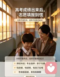 分数已定，志愿才是下半场。
太多家庭卡在选城市还是选院校，热门专业还是兴趣方向，父母期待和孩子想法难以达成一致，整日焦虑失眠。
我会陪着你梳理内心，化解亲子冲突，跳出完美主义的内耗，做出适合孩子长远发展的选择。
高考只是一站，从容选择，前路依然辽阔。配图