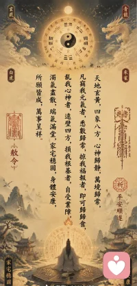 天地玄黄，四象八方，心神归静，万境归常，凡窃我元气者，悉数归常，掠我福报者，即可归仓，乱我心神者，远避四方，损我根基者，自受业障，浊气尽散，瑞气满堂，家宅稳固，身体安康，所愿皆成，万事呈祥 ❤❤❤