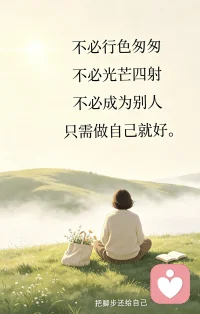我们总被催促着向前奔跑，努力活得耀眼，模仿别人的人生轨迹。可人生从来没有统一标准答案。不必行色匆匆，不必光芒四射，不必成为别人，只需做自己就好。
喜静便守一方烟火，平淡也自有温柔，不用活在别人的眼光里，忠于内心，便是最好的生活。配图