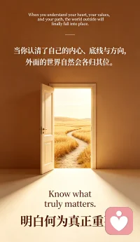 You don't need to know everything about the world.
你不必去认清世间万象。
 
You don't have to understand everyone around you.
也不必去读懂身边的每一个人。
 
The most important journey you will ever take is the journey within.
你人生最重要的一场旅程，是向内的探索。
 
When you understand your heart, your values, and your path,
当你认清了自己的内心、底线与方向，
 
The world outside will finally fall into place.
外面的世界自然会各归其位。
 
Stop seeking validation.
别再寻求认同。
 
Stop shrinking for others.
别再为了别人委屈自己。
 
Know your worth.
认清你的价值。
 
Know your boundaries.
守住你的边界。
 
Know what truly matters.
明白何为真正重要。
 
Knowing the world is optional.
认识世界，是选修课。
 
Knowing yourself is the only requirement.
认识自己，才是必修课。