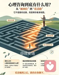 很多人问我，心理咨询到底有什么用？
简单说：它帮你从“被困住”到“看清路”。
就像你一直在迷宫里乱撞，咨询师带你站到高处。
看清整个地图。不是替你走路，是让你自己知道该怎么走。

你正迷途中吗？我帮你照见你前方的路🙂