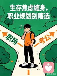 生存焦虑缠身，职业路线别瞎选
当下就业环境竞争激烈，年轻人左右为难，进企业就要无休止内卷，所有人又扎堆冲考公求安稳。很多人冲动裸辞全职备考，或是随便找份低收入工作凑合，钱财精力双双消耗，拼到最后满心迷茫。
 
三条规划方向按需挑选
一心备考公务员：抓住应届生优势，分段稳步学习，千万不要断掉收入孤注一掷
专心职场打拼：打磨可变现的核心技能，远离无意义加班，平衡付出和薪资待遇
稳妥双线模式：上班稳定收入缓解生活压力，空闲时间刷题备考，进退都有退路
 
盲目跟风只会持续内耗，找准适配自己的道路，焦虑才能大幅减少配图