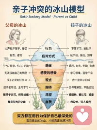 亲子冲突冰山模型🧊

我们看到孩子拖拉、顶嘴、不愿学习，只是浮在水面的「行为」🌊
水面之下，是两代人没说出口的委屈、期待、恐惧与渴望

父母发火，藏着对自己育儿失败的焦虑；
孩子对抗，藏着害怕不被认可、不被爱的自卑。

一场冲突里，从来没有谁故意做错，
只是两座冰山，撞在了一起。

看见彼此水下的内心，才是化解矛盾的开始✨