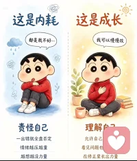 停止自我内耗，学会温柔接纳自己

我们很多人从小到大，都习惯用苛刻的标准捆绑自己：出错先全盘责怪自己，不敢拒绝别人一味讨好；遇事只会指责推卸，想做的事反复拖延不敢起步；总盯着别人的节奏暗自焦虑，身心疲惫也咬牙硬撑。
这些消耗自我的思维模式，大多藏在原生家庭、成长经历里，困住无数大人与孩子。
真正的成长，是学会转换心态：接纳自己的不完美，勇敢设立人际边界；遇事聚焦解决问题，从小行动突破焦虑；专注自身节奏，累了允许自己好好休息。
不必逼自己时刻完美，看见自身努力，懂得善待内心，慢慢修正，就能从内耗里长出力量，拥有松弛舒服的人生状态。

你是不是也常常陷入自我消耗、和自己较劲？配图