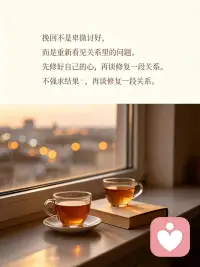 挽回不是卑微讨好，而是重新看见关系里的问题。
先修好自己的心，再谈修复一段关系。
不强求结果，但不轻易辜负过往。

好的婚姻，不是没有伤害，而是懂得善后。
争吵会留下隔阂，沉默会拉开距离。
感情可以降温，但真心不该轻易消散。

感情里最可惜的，不是吵架，
是两个人都站在自己的立场，再也听不到对方的心声。