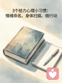 💡 3个“给力心理”小习惯，每天5分钟：
1️⃣ 情绪命名：把“烦死了”换成“我现在感到焦虑/委屈/疲惫”；
2️⃣ 身体扫描：闭眼1分钟，从头顶到脚尖感受身体状态；
3️⃣ 微行动：完成一件小事（比如整理桌面），积累“我能行”的掌控感。
心理韧性，藏在日常的“小确幸”里～
#心理学干货# #自我成长# #给力心理#配图