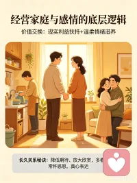 经营家庭与感情，底层是价值交换：一是现实利益扶持，二是温柔情绪滋养。
长久关系的秘诀，从来不是改变对方，而是降低期待、放大欣赏。多看对方身上的闪光点，常怀感恩，真心表达，日子才能安稳长久。配图