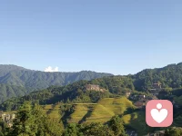 龙脊梯田顺着山势层层舒展，像大地铺展的温柔褶皱。晨雾漫过田埂，灌满春水的梯田映着淡云天光，清润柔和；若是秋日，漫山稻浪翻涌成暖金，风里裹着淡淡的稻香，抚平心底所有焦躁 。
 
木楼依山静立，田埂蜿蜒曲折，偶尔有村民缓步走过，时光在这里慢了下来。脚下泥土温润，远山青黛朦胧，没有城市喧嚣，只有风拂禾苗的轻响。站在山间远眺，层层梯田连绵至云端，心也跟着开阔安宁。所有烦恼都被山野清风冲淡，只剩平和与松弛，治愈满心疲惫。
 
（全文196字）配图