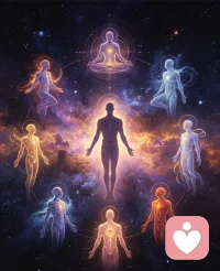 1. 物质体（肉身）
我们看得见的肉体、骨骼、器官、皮囊。人被欲望、外表、物质刺激牵动，只活在吃喝享乐、生理本能层面，完全被肉身欲望掌控。

2. 以太体（能量气脉体）
肉身背后的能量气场、经络气血、磁场。身体疲惫、生病、负能量缠身，都是以太体堵塞；高频冥想、行善能净化以太体。

3. 情绪体（感受体）
喜怒哀乐、爱恨恐惧、委屈烦躁全部储存于此。绝大多数人一辈子活在情绪体里，外界一点事就触发情绪内耗，对应你书页里讲的「恐惧、爱两种底层情绪」。
 
二、第二层：心智意识3体（中频，思维与信念）
 
4. 理智体（头脑思维体）
大脑逻辑、算计、权衡、利弊判断。凡事只靠头脑分析，权衡得失，容易焦虑、纠结、患得患失，活在算计里。

5. 星光体（潜意识梦境体）
潜意识、梦境、过往记忆、陈年创伤、业力种子全部储存在星光体。夜里做梦、莫名恐惧、重复轮回的痛苦，都是星光体旧种子投射，对应种子法则里的潜意识坏种子。

6. 因果体（业力记录体）
记录人所有身语意的善恶种子，你的命运、际遇、祸福全部由因果体储存的业力决定，是轮回、境遇的底层载体。
 
三、第三层：灵魂高维3体（最高频，觉醒本源）
 
7. 灵魂体（本心真我）
纯粹的爱、慈悲、利他，无分别心，不受情绪、头脑、物质束缚。只有调频到灵魂体做选择，才是真正遵从本心，也就是他所说的真爱、高频人生。

8. 道体（六道对应身）
包含六道六重分身：地狱道、饿鬼道、畜生道、人道、阿修罗道、天人道。一念贪嗔痴，就调频对应某一道的自己，显化对应苦难境遇；一念利他慈悲，链接天道人道高维自己。

9. 本源体（合一本体）
万物一体、空性本源，一切爱的源头，无二元对立，开悟觉醒后才能完全链接，对应空性智慧里“一切外境皆是投射，本源本自圆满”。