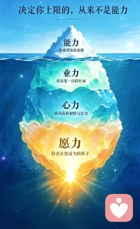 很多人拼命提升能力，学技能、考证书，但依旧过得艰难。为什么？看完这座冰山你就懂了。我们看得见的能力，只是冰山露出水面的一小角。
水面下第一层，是业力。我们日复一日的念头、行为种下的种子，时刻在拉扯我们的人生方向。
再往下，是心力。是我们面对困境时的定力、觉察力。但心力只能帮我们稳住情绪，很难扭转厚重的旧业。而冰山最底部、力量最强的，是愿
力。这也是冰山理论和潜意识的精髓。
所以，别只顾着提升能力了。问问自己：我的愿力，是什么？心里默默种下一颗利他的种子。我在这儿，陪着你一起，用愿力托起人生。
