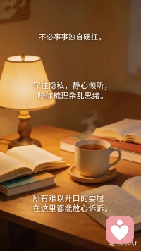 很多烦恼不是非要解决，只是需要一个愿意认真倾听的人。
身边亲人朋友难免顾虑，有些话不方便开口。
我守好你的秘密，安静接住你的焦虑、遗憾与迷茫。
慢慢诉说，慢慢释怀，我一直都在。配图
