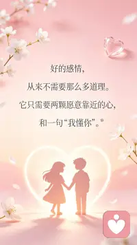 好的感情，从来不需要那么多道理。它只需要两颗愿意靠近的心，和一句我懂你
