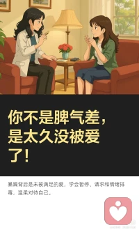 你不是脾气差，你是太久没有被好好爱过了❤️

最近越来越控制不住脾气？
孩子慢一点就吼，老公晚回十分钟就阴阳怪气，外卖送晚了都能吵一架。

别自责，这不是你性格不好。
心理学上有个 冰山理论—— 愤怒只是水面上的一角，水下面藏着的是委屈、孤独、不被理解、不被爱。

你心里装了太多没说出口的话，别人轻轻碰一下，你就炸了。
不是你脾气差，是你心里太苦了。

三个方法，帮你慢慢变温柔：
1️⃣ 情绪来临时，离开现场三分钟，按下暂停键
2️⃣ 把 你怎么又这样 换成 我需要你
3️⃣ 每天给自己十分钟 情绪排毒时间，写日记或冥想

愿你被这个世界温柔以待。
如果没有，愿你先温柔地对待自己。

—— 我是峰哥，专注情绪管理和自我成长，关注我，带你分享更多干货📖

#情绪管理 #自我成长 #心理学 #治愈 #倾听师峰哥