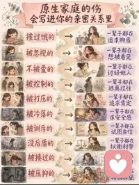 你以为是性格，其实是烙印你有没有发现？在亲密关系里，你总是莫名地卡在某个死结上。

图里的十种创伤，精准地指向了成人后的十种求而不得：

· “匮乏”的童年：挨饿的人追求物质，不被爱的一方拼命讨好。
· “压抑”的童年：被打压的人渴望肯定，被指责的人总想证明自己“我行”。
· “无助”的童年：被挨揍的人一生恐惧，没有后盾的人一生权衡。

这一切都在说明一个残酷的事实：我们总是在用现在的亲密关系，去解决过去的废墟。

但你不需要愧疚。这些“一辈子都在”的执念，其实是你对童年那个无助的自己，做出的终极补偿。虽然路径很痛，但它提醒我们：创伤不是你的错，但疗愈是你现在的责任。