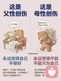原生家庭的两种伤，你中了哪一种？
在咨询室里，我见过两种很不一样的人
 
一种人，什么都能做到，但永远觉得自己不够好
 
另一种人，对所有人都很好，唯独不知道怎么对自己好
 
这两种模式，背后往往藏着不同的伤
·
父性创伤，通常来自一个缺席的、严苛的、或者始终“够不到”的父亲——
 
1️⃣内心有一个永远不满意的声音：还不够好
2️⃣渴望亲密，但在真正靠近那一刻，身体会先退缩
3️⃣面对权威，要么极度顺从，要么激烈反抗，没有中间
4️⃣时间久了，建起一座孤岛，不会也不想求助
 
母性创伤，通常来自一段太满、太紧、边界模糊的母子关系——
 
1️⃣习惯背负所有人的需求，把自己的需求无声搁置
2️⃣进入亲密关系，容易失去自己，对方的感受比自己的更真实
3️⃣很难说“不”，总在承接，帮完了才发现自己空了
4️⃣时间久了，慢慢忘了自己是谁，活在别人的期待里
 
这两种伤，不是谁的错
它们只是你在那段关系里，学会的生存方式
看见它，就是治愈的开始