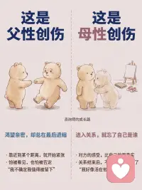 原生家庭的两种伤，你中了哪一种？
在咨询室里，我见过两种很不一样的人
 
一种人，什么都能做到，但永远觉得自己不够好
 
另一种人，对所有人都很好，唯独不知道怎么对自己好
 
这两种模式，背后往往藏着不同的伤
·
父性创伤，通常来自一个缺席的、严苛的、或者始终“够不到”的父亲——
 
1️⃣内心有一个永远不满意的声音：还不够好
2️⃣渴望亲密，但在真正靠近那一刻，身体会先退缩
3️⃣面对权威，要么极度顺从，要么激烈反抗，没有中间
4️⃣时间久了，建起一座孤岛，不会也不想求助
 
母性创伤，通常来自一段太满、太紧、边界模糊的母子关系——
 
1️⃣习惯背负所有人的需求，把自己的需求无声搁置
2️⃣进入亲密关系，容易失去自己，对方的感受比自己的更真实
3️⃣很难说“不”，总在承接，帮完了才发现自己空了
4️⃣时间久了，慢慢忘了自己是谁，活在别人的期待里
 
这两种伤，不是谁的错
它们只是你在那段关系里，学会的生存方式
看见它，就是治愈的开始