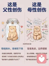 原生家庭的两种伤，你中了哪一种？
在咨询室里，我见过两种很不一样的人
 
一种人，什么都能做到，但永远觉得自己不够好
 
另一种人，对所有人都很好，唯独不知道怎么对自己好
 
这两种模式，背后往往藏着不同的伤
·
父性创伤，通常来自一个缺席的、严苛的、或者始终“够不到”的父亲——
 
1️⃣内心有一个永远不满意的声音：还不够好
2️⃣渴望亲密，但在真正靠近那一刻，身体会先退缩
3️⃣面对权威，要么极度顺从，要么激烈反抗，没有中间
4️⃣时间久了，建起一座孤岛，不会也不想求助
 
母性创伤，通常来自一段太满、太紧、边界模糊的母子关系——
 
1️⃣习惯背负所有人的需求，把自己的需求无声搁置
2️⃣进入亲密关系，容易失去自己，对方的感受比自己的更真实
3️⃣很难说“不”，总在承接，帮完了才发现自己空了
4️⃣时间久了，慢慢忘了自己是谁，活在别人的期待里
 
这两种伤，不是谁的错
它们只是你在那段关系里，学会的生存方式
看见它，就是治愈的开始