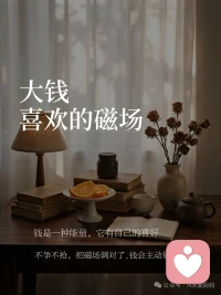 大钱喜欢的磁场财富是一种能量
自带专属偏爱

不必拼命去追
修好自身磁场
钱财主动向你走来

稻盛和夫说：
“人生的轨迹，全部由内心勾勒”

你怀揣怎样的心念
就会吸引怎样的财运

❶ 配得感，是留住钱财的基石

从前受人称赞
下意识连忙推辞“谈不上”

张爱玲说：
“我偏爱钱财，不曾受尽缺钱苦楚
只明白金钱的万般好处”

这份从容坦荡
便是与生俱来的配得感

从今往后
把“我不配”换成“我值得拥有”

笃定自己值得拥有
财富才愿意长久安家

❷ 心态平稳，钱财不易流失

财难入急躁之门
富不栖纷乱之心

遇事慌张浮躁
财富下意识避开你

能积攒财富的女性
骨子里自带一份沉稳

盈利不洋洋自得
受挫不灰心慌乱

好似老树深埋泥土
狂风来袭屹立不动

内心稳稳落地
钱财才安心依附于你

❸ 松弛心态，最受大额财富青睐

越是死死攥紧钱财
财富流失速度越快

学着放松身心
反倒稳稳守住收益

松弛不等于躺平摆烂
是放下无谓内耗

接纳前行慢半步
接纳结果不尽完美

财富依靠流转实现循环
常怀利他、适度付出
财富便会循环回流🌊

❹ 剔除心底匮乏的穷气

很多人的贫穷
不在于口袋空空
而是思想困在贫穷里

总念叨“我没钱”“我不行”
负面想法越捆越紧
越自我否定越发拮据

更换日常口头禅
从“我没钱”改成
“我正在源源不断创造财富”

话语是隐形咒语
日常所思所言
终将造就当下的人生

❺ 长期深耕，收获时间带来的财富红利

大额财富向来来得迟缓
你奋力追赶它时
永远差一步距离

沉下心踏实深耕事业
财富反而回头奔赴你

少纠结何时赚到钱
多反省自己是否沉下心

慢慢来，才是高效捷径🌱

薛兆丰说：
“人永远赚不到认知以外的财富”

用心修炼内在磁场
把自己活成吸金石

财富顺着你的气场
缓缓奔赴而来

放平心态，稳步前行

你本就值得富足❤️