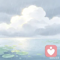 细雨慢慢停歇，云层散开大片柔和淡蓝天幕，轻薄碎云漂浮，天边蒙一层朦胧水雾。湖面倒映湿漉漉的天空，草木挂着透亮水珠，整个世界清清凉凉，没有压抑暗沉，安静舒缓。