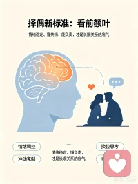 建议把前额叶纳入择偶标准
前额叶是大脑的理性中枢，掌管情绪调控、冲动克制、共情与决策能力，决定一个人能不能管理脾气、承担责任、换位思考。比起外貌财富，前额叶功能状态值得纳入择偶标准。一个前额叶功能良好的伴侣，更能稳定情绪、尊重边界，减少冲突伤害，共建平等自在的亲密关系。