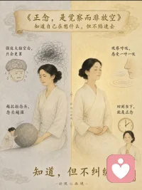 正念，是觉察而非放空
找一个舒服的姿势，将注意力轻轻落在呼吸上。不必刻意改变它，只是觉察气息的进与出。脑海中浮现念头时，不用对抗，也不用跟随，只是安静看见它，再让它缓缓消散。把觉知带回当下，感受身体与座椅的接触，放下过去的纠结、未来的焦虑，安住在此刻，内心慢慢归于平静、从容。