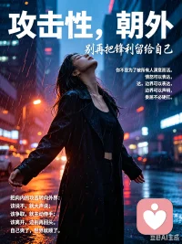 攻击性一定要朝外，自己爽了，世界就顺了.
别再把攻击性对准自己。
你不需要靠隐忍、讨好和自我怀疑，来换别人的一句满意。
愤怒要有出口，边界要被看见，委屈不能硬扛。
从今以后，攻击性朝外：该拒绝就拒绝，该争取就争取，该翻脸就翻脸。
别害怕冲突，别担心别人失望。
你活得舒展，世界才会跟着顺。自己爽了，一切都对了。