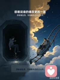 很难说谁的痛苦更胜一筹。
漫长的抑郁像是深不见底的坠落，穿行在永无尽头的黑暗隧道；双相的情绪突转，则像一辆彻底失控的过山车，前一秒飘荡在云端狂喜，下一秒狠狠砸进冰冷谷底。
 
我闭上眼睛入眠，常常在梦境里止不住发抖。心底最朴素的愿望简单到极致：一觉醒来，眼前的世界可以明媚可爱一点。日复一日重复着入睡与苏醒，偶尔会得偿所愿，带着满身活力热烈地过完一整天；更多时候事与愿违，睁眼的刹那，厌倦与绝望裹挟着泪水浸湿整片枕头。
 
我始终在情绪里失控摇摆。今天满心疲惫只想逃离一切，明天又贪恋人间、拼命想要好好活着，后天再次被灰暗吞噬，萌生放弃的念头。抑郁席卷全身时，我一遍遍安抚挣扎的自己：先别放弃，暂且撑下去，给第二天的自己留一次转机。
 
这份苦难最磨人的地方在于，我永远预判不到，隔日清晨睁开双眼时，自己会以何种姿态看待自我与世界。
窗外明明是同一轮朝阳，旁人伸手便能触碰温暖晨光，可我一夜辗转睡去又醒来，指尖触到透亮日光，眼底心底，依旧是化不开的漫漫长夜。
 
后来慢慢学会和这份割裂和解。不必强迫自己一直积极向上，允许低落，允许反复，允许情绪来回拉扯。过山车有俯冲低谷，隧道终会遇见出口，就算此刻眼里只有黑夜，也可以慢慢等待，等内心的光，慢慢穿透层层阴霾，不必急于一瞬间拥抱整片晴天，好好接住每一个破碎又倔强的自己，就够了。
 
没人能评判痛苦的重量。抑郁是无尽隧道，双相是失控过山车，在求生和求死之间反复横跳。
一样的朝阳落在窗台，有人看见光亮，我只看见黑夜。
不必逼自己立刻痊愈，允许起伏，允许破碎，慢慢走，黑暗的路，终会一点点走向天亮。配图