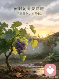 静候熟透，静待春来
何时葡萄先熟透，你需静候，再静候。
人生从来都不是一路晴朗坦途，漫长岁月里，我们总要途经无数个阴天、猝不及防的暴雨、努力过后依旧失收的遗憾。想要迎来属于自己的丰收，就注定要提前做好与苦难对峙、与低谷周旋的准备。
我们常年周旋在萧瑟的落叶、连绵的雨季、泥泞潮湿的生活淤泥里。日子起起落落，悲喜堆叠，无数个深夜的委屈与心酸，让泪水一次次把生活斟得太满，挥之不去的苦涩层层堆积，压得人喘不过气。
可我始终相信，这些难熬的时刻，从来都不是放弃的理由。
世间所有抵达、所有胜利、所有圆满，从来都无法一蹴而就。所有闪闪发光的人生，都熬过无人问津的沉默与煎熬。
所谓静候，从来不是原地停滞、被动等待，它是漫长岁月里的沉淀与蓄力，是心里藏着远方、眼底存着星光的笃定。是知道花期有早有晚，每个人的人生节奏各不相同，有人年少成名，有人大器晚成，不必焦虑攀比，不必自我否定。
允许自己慢下来，允许自己暂时卡顿、暂时低迷。
哪怕历经病痛、情绪低谷、身心崩塌，哪怕是破碎过后的现在，才慢慢给自己重新拧上生活的发条，也完全没关系。
人生这台机器，偶尔卡壳、偶尔失速、偶尔动摇，都是常态。
不用逼自己永远铿锵，不用要求自己一路顺遂。
哪怕绕很远的弯路，哪怕暂时迷茫彷徨，都没关系。人生不是竞速赛，只要最后能抵达温柔，能收获幸福，所有的等待与曲折，都值得。
低谷是暂时的，风雨是路过的，糟糕的日子终会翻篇。
生活不会一直泥泞黑暗，它一定会慢慢变好。
我们能做的，就是在无人看见的日子里，悄悄扎根、慢慢自愈，拼尽全力好好活着，尽量活得坦荡、热烈、精彩，不被世事磨难打倒，不被情绪深渊吞噬。
生命久如暗室，不妨碍我明写春诗。
纵使眼下晦暗丛生，我依然愿意静待花开，静候熟透，在自己的节奏里，温柔且坚定，慢慢翻盘，慢慢发光。配图