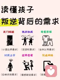 叛逆不是战争的号角，是孩子发出的信号❗️
心理学认为，每一种叛逆行为背后。都有一个未被满足的心理需求。
【关门回避】：心理边界需求
【挑战权威】：话语权力需求
【奇装异服】：自我认同需求
【讨厌上学】：拉响求助需求
【过早恋爱】：情感联结需求
【沉迷网络】：逃避现实需求
 
叛逆是信号，读懂才能智慧化解。
所有“学坏”的背面，有印着“请爱真实的我。
