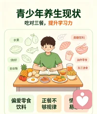 青少年养生｜身心同调，吃对三餐，提升孩子学习力✨
 
现在不少青少年偏爱零食饮料，正餐随便对付。很多孩子专注力差、情绪容易急躁，家长大多只盯着学习，却忽略了饮食对大脑和情绪的影响。
 
从医学科学角度看，脑细胞发育需要均衡营养。常吃深加工零食、垃圾食品，过多人工色素添加剂会加重身体负担，干扰大脑状态，容易烦躁、注意力涣散。缺锌、缺钙等微量元素不足，也会造成情绪波动，影响大脑与心智发育，拖累学习状态。
 
从心理学角度来讲，生理是心理的基础，身心一体。身体营养得不到满足，心理很难稳定。只有生理需求被满足，身心同调，孩子才能情绪平稳，安心投入学习。
 
👉有助大脑发育的饮食：
✅优质蛋白：鸡蛋、鱼虾、瘦肉、豆制品
✅坚果（适量）：核桃、巴旦木，补充不饱和脂肪酸
✅新鲜蔬果：绿叶菜、蓝莓、苹果，补充维生素
✅全谷物：燕麦、杂粮，稳定血糖，维持专注力
 
少吃高糖饮料、油炸零食、加工速食。
吃好三餐补足营养，孩子情绪平稳，专注力提升，助力学习力成长，做到身心同调。