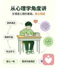 青少年养生｜身心同调，吃对三餐，提升孩子学习力✨
 
现在不少青少年偏爱零食饮料，正餐随便对付。很多孩子专注力差、情绪容易急躁，家长大多只盯着学习，却忽略了饮食对大脑和情绪的影响。
 
从医学科学角度看，脑细胞发育需要均衡营养。常吃深加工零食、垃圾食品，过多人工色素添加剂会加重身体负担，干扰大脑状态，容易烦躁、注意力涣散。缺锌、缺钙等微量元素不足，也会造成情绪波动，影响大脑与心智发育，拖累学习状态。
 
从心理学角度来讲，生理是心理的基础，身心一体。身体营养得不到满足，心理很难稳定。只有生理需求被满足，身心同调，孩子才能情绪平稳，安心投入学习。
 
👉有助大脑发育的饮食：
✅优质蛋白：鸡蛋、鱼虾、瘦肉、豆制品
✅坚果（适量）：核桃、巴旦木，补充不饱和脂肪酸
✅新鲜蔬果：绿叶菜、蓝莓、苹果，补充维生素
✅全谷物：燕麦、杂粮，稳定血糖，维持专注力
 
少吃高糖饮料、油炸零食、加工速食。
吃好三餐补足营养，孩子情绪平稳，专注力提升，助力学习力成长，做到身心同调。