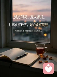 别把消耗，当成善良
 
很多付出型的人，习惯把别人的感受放在第一位。
 
习惯性迁就、主动妥协，习惯默默付出，害怕冲突，害怕让别人失望。总以为多退让、多体谅，就能换来对等的善待。
 
可现实常常是：你的善意，慢慢变成别人眼里的理所当然。
你不断向内消耗，委屈藏在心里，表面依旧温和懂事。
 
真正的善良，不是掏空自己去成全别人。
付出要有边界，好心要有底线。
 
不是拒绝所有善意，而是先看见自己的情绪。
你的感受同样重要，不必靠不断牺牲，来证明自己值得被爱。
 
允许自己拒绝，允许自己优先照顾自己。
好的关系，不需要你耗尽自我去维系。先安顿好自己，剩下的温柔，再分给别人。