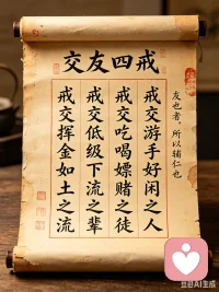 交友四戒：戒交挥金如土之流，戒交低级下流之辈，戒交吃喝嫖赌之徒，戒交游手好闲之人！