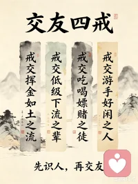 交友四戒：戒交挥金如土之流，戒交低级下流之辈，戒交吃喝嫖赌之徒，戒交游手好闲之人！