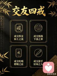 交友四戒：戒交挥金如土之流，戒交低级下流之辈，戒交吃喝嫖赌之徒，戒交游手好闲之人！