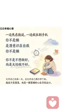 一边焦虑，愧疚，责怪自己，
一边又无法开始。
这不是懒
而是你的潜意识在逃避压力、保护自己。
当你害怕做不好，害怕失败、害怕不完美，
大脑就会暂时躲进轻松、短暂的刺激里。
允许自己不那么完美，
允许自己先做一点
也允许自己偶尔停下一些，
拖延不是堕落
而是给一颗紧绷的心，寻找出路。