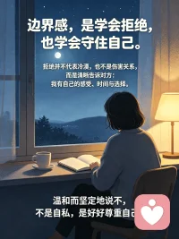 很多时候我们习惯迁就、害怕让对方失望，总把别人的需求放在自己前面，长期下来内心不断被消耗，疲惫又委屈。拒绝并不代表冷漠，也不是伤害关系，而是清晰告诉对方：我有自己的感受、时间与选择。学会温和而坚定地说不，不是自私，是好好尊重自己。当我们建立起属于自己的边界，关系反而会变得更加轻松、长久。