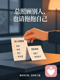 讨好型人格：总优先照顾别人，却忽略自己
 讨好型的人，总习惯把他人情绪放在首位。
遇到请求，哪怕内心为难，也难以拒绝；出现分歧，下意识退让，害怕冲突，担心让别人失望。
 这份懂事，背后是持续的内耗。我们把自我价值寄托在别人的满意上，不断压缩边界，久了身心疲惫。
 温柔没有错，但不必靠牺牲自己换取认可。试着练习守住边界，允许自己说不，你的感受，同样值得被重视。