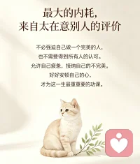 人到了一定年纪才慢慢懂得，我们最大的内耗，总是来自太在意别人的评价。
 
我们习惯性照顾所有人的感受，却唯独忽略了自己。
 
不必强迫自己做一个完美的人，也不需要得到所有人的认可。允许自己有疲惫的时候，接纳自己所有不完美。好好安顿自己的心，才是这一生最重要的功课。