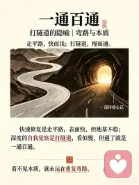 【挖隧道·本质的速度】
夫妻关系破坏—丈夫想要快速修复！
我却告诉他“回归自己，才能修复关系”

你觉得快速修复，可以让自己安心，对家庭更好！但是——想走捷径，表面快，实际根基不稳。

回归自己，如同打隧道！深度的自我觉察，看似慢，但是一旦打通了，刘一通百通！

找到行为背后的规律，弯路才是直路！