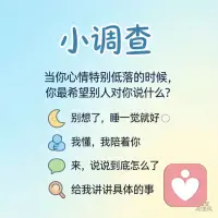 来做个小调查📊：当你心情特别低落的时候，你最希望别人对你说什么？

A. 别想了，睡一觉就好（转移注意力）

B. 我懂，我陪着你（共情陪伴）

C. 来，说说到底怎么了（引导倾诉）

D. 给我讲讲具体的事（解决问题）

评论区告诉我你的选项，或者说说你听过最扎心/最暖心的一句话。

（悄悄说：选B和C的朋友，你真的很适合我的倾听服务哦，欢迎私信体验~）